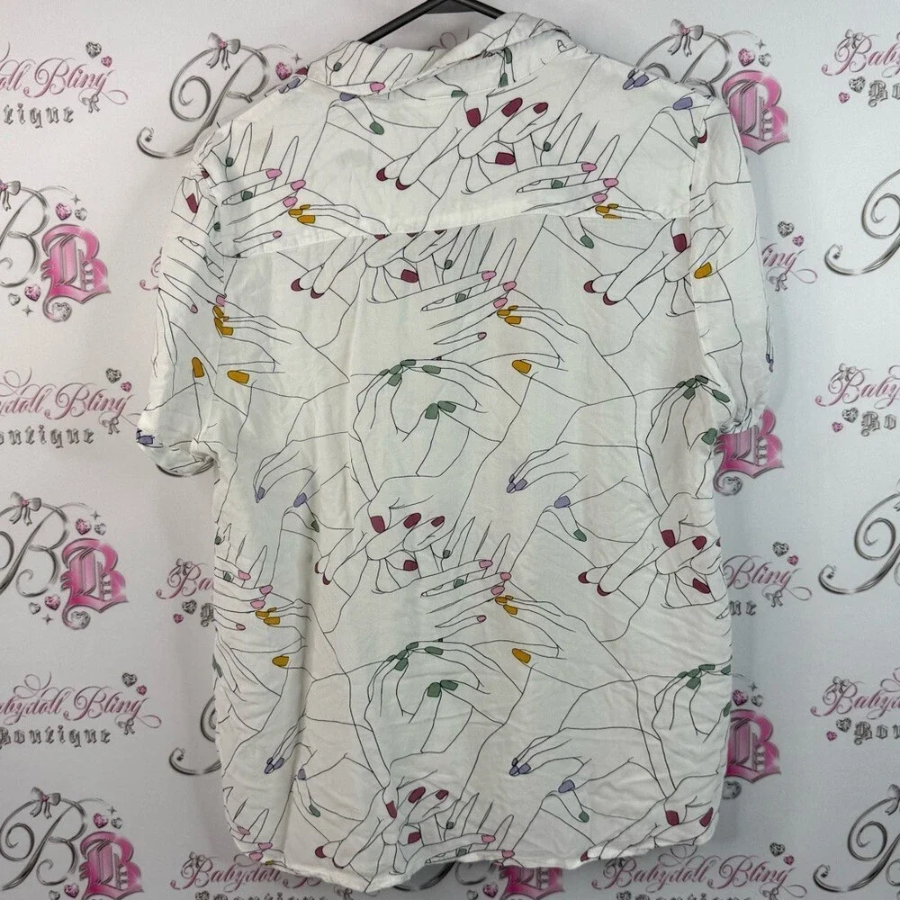 Twik T-shirt button up nails rainbow nails done Multicolor Graphic Button-Up Top